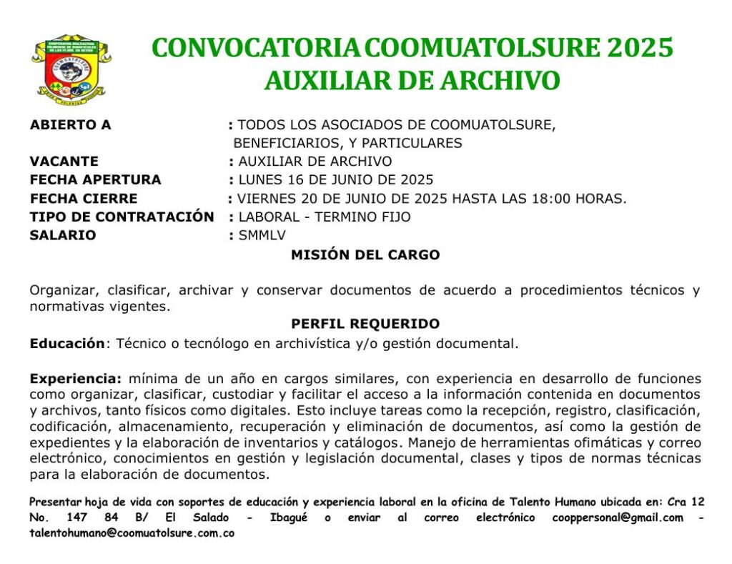 CONVOCATORIA AUXILIAR DE ARCHIVO