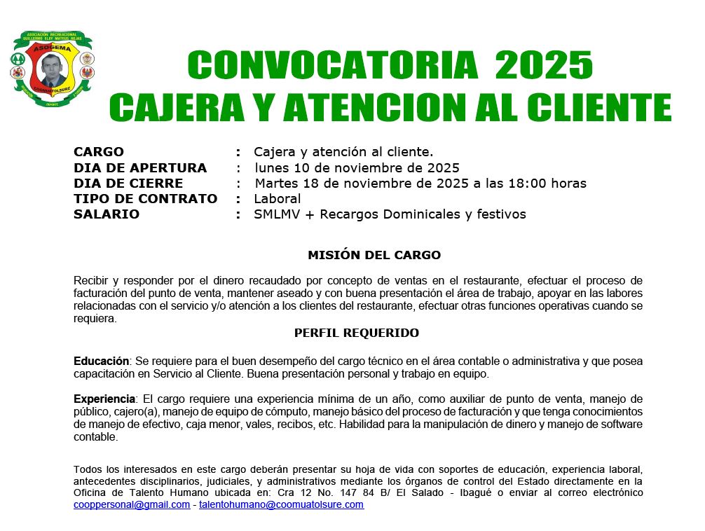 CONVOCATORIA CAJERA NOV